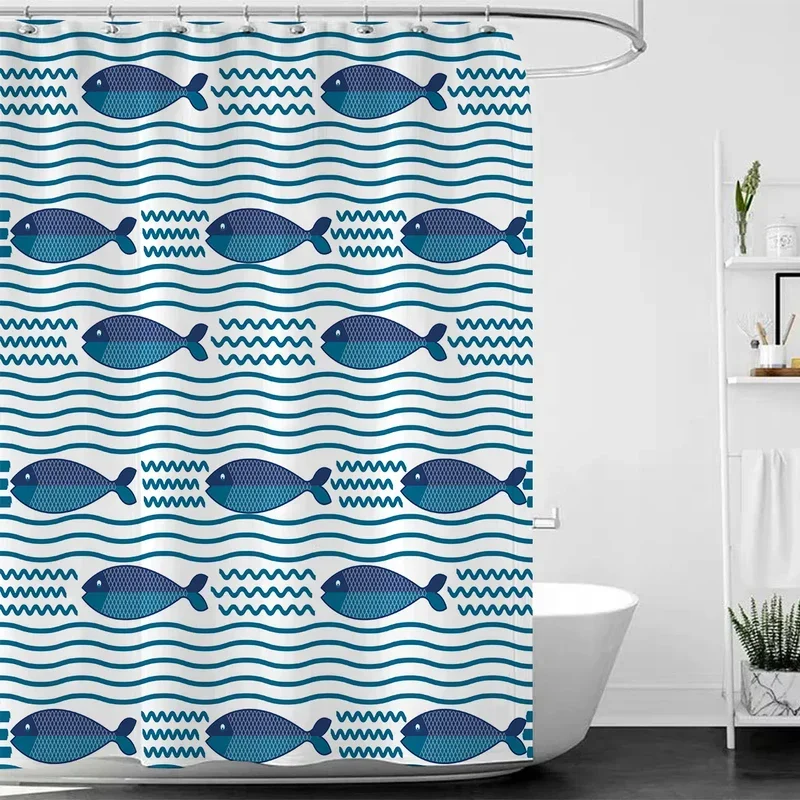 Marineblauer Duschvorhang Mit Graffiti-Muster – Wasserdicht, 180x188 Cm, Mit Magneten & Netzfenster