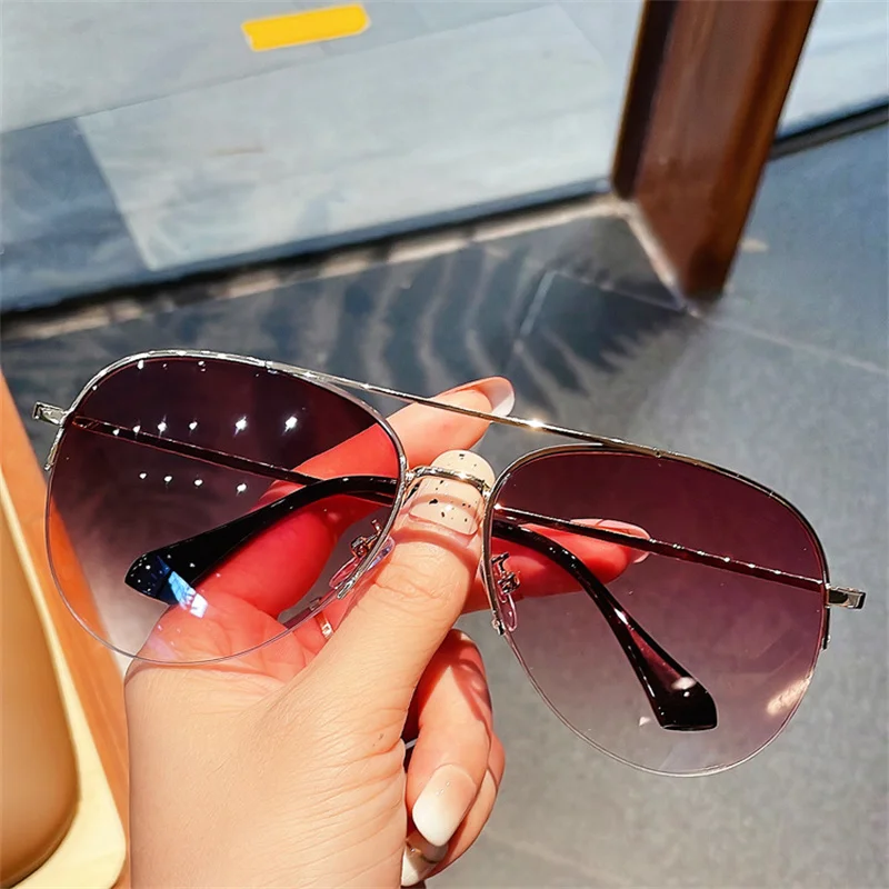 

YOOSKE Men's Half Frame Sunglasses Vintage Double Beam Pilot Sun Glasses Male Retro Metal Gradient Driving Goggles Shades UV400