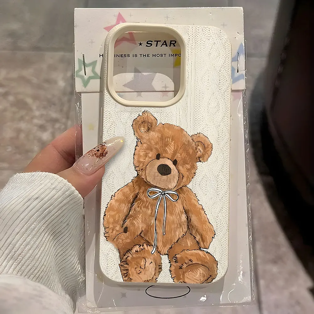 Cute Brown Teddy Bear Pattern Lychee Soft Phone Case