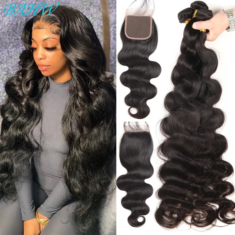 Human Hair Bundles Human Hair Weave Brazilian Body Wave 3/4Bundles with 4x4 Closure 100% Human Hair Bundles with Lace Closure Virgin Hair Weave Extension for Women