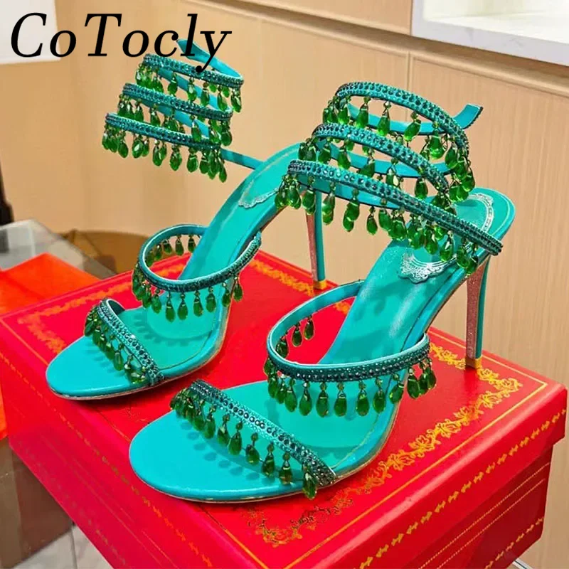 

Summer Thin High Heels Gladiator Sandals Woman Rhinestone String Bead Snake Ankle Strap Party Shoes Luxury Crystal Sandals Women