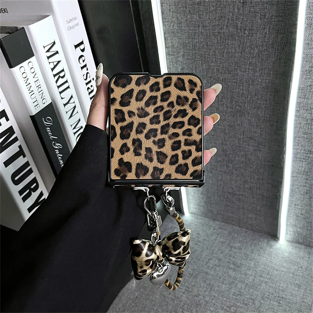 Luxury Classic Leopard Print Phone Case with Bow and Anti-Loss Portable Strap