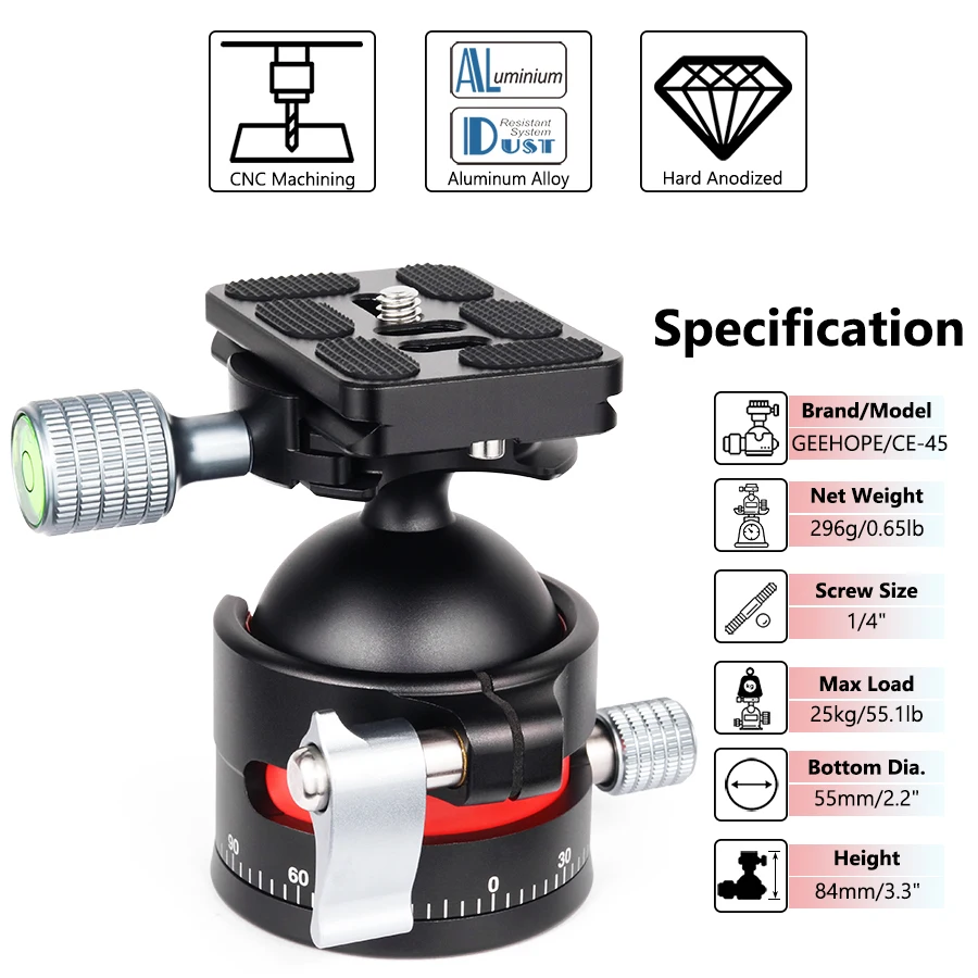 GEEHOPE CE-45 Low Profile Tripod Ballhead Universal Panoramic 45mm BallHead for
