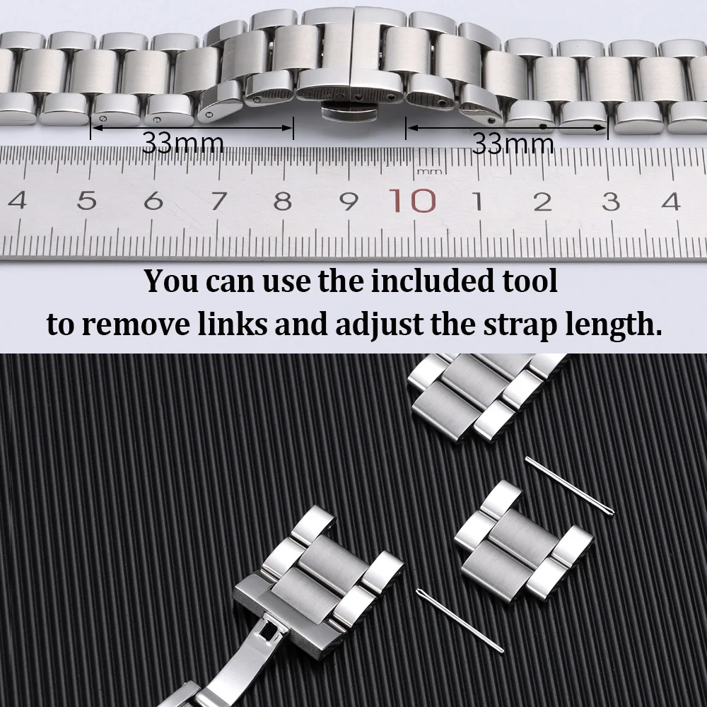 Universal Solid Stainless Steel Watch Band: Elegant Silver Bracelet with Tool