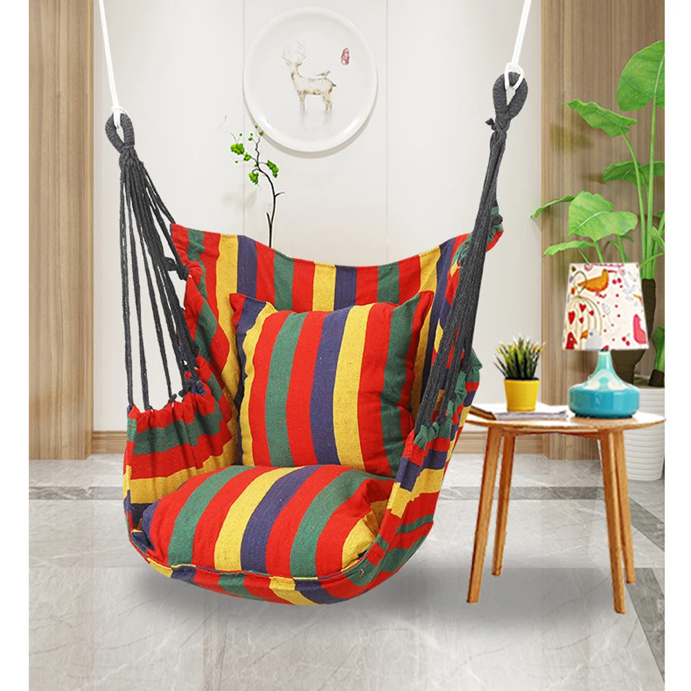 HooRu Hammock Swing Chair Outdoor Portable Folding Hanging Rope with Pillow Cotton for Picnic Garden Bedroom