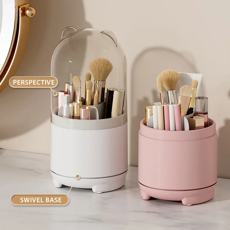 360 Degree Rotating Makeup Organizer Desktop Cosmetic Brushes Organizer Dust-proof Lipstick Eyebrow Pen Eye Shadow Brush Holder