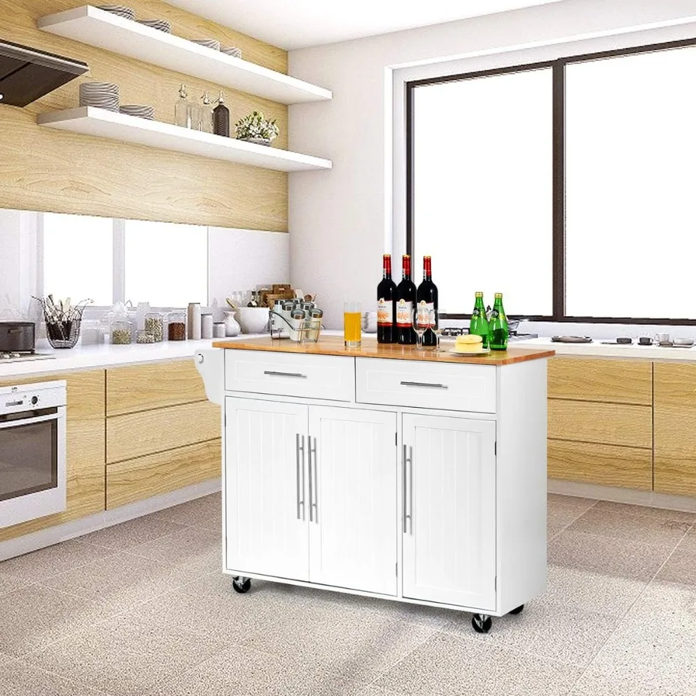 Kitchen Island Cart Rolling Storage Trolley Cart with Lockable Castors, 2 Drawers, 3 Door Cabinet, Towel Handle, Knife Block fo 2