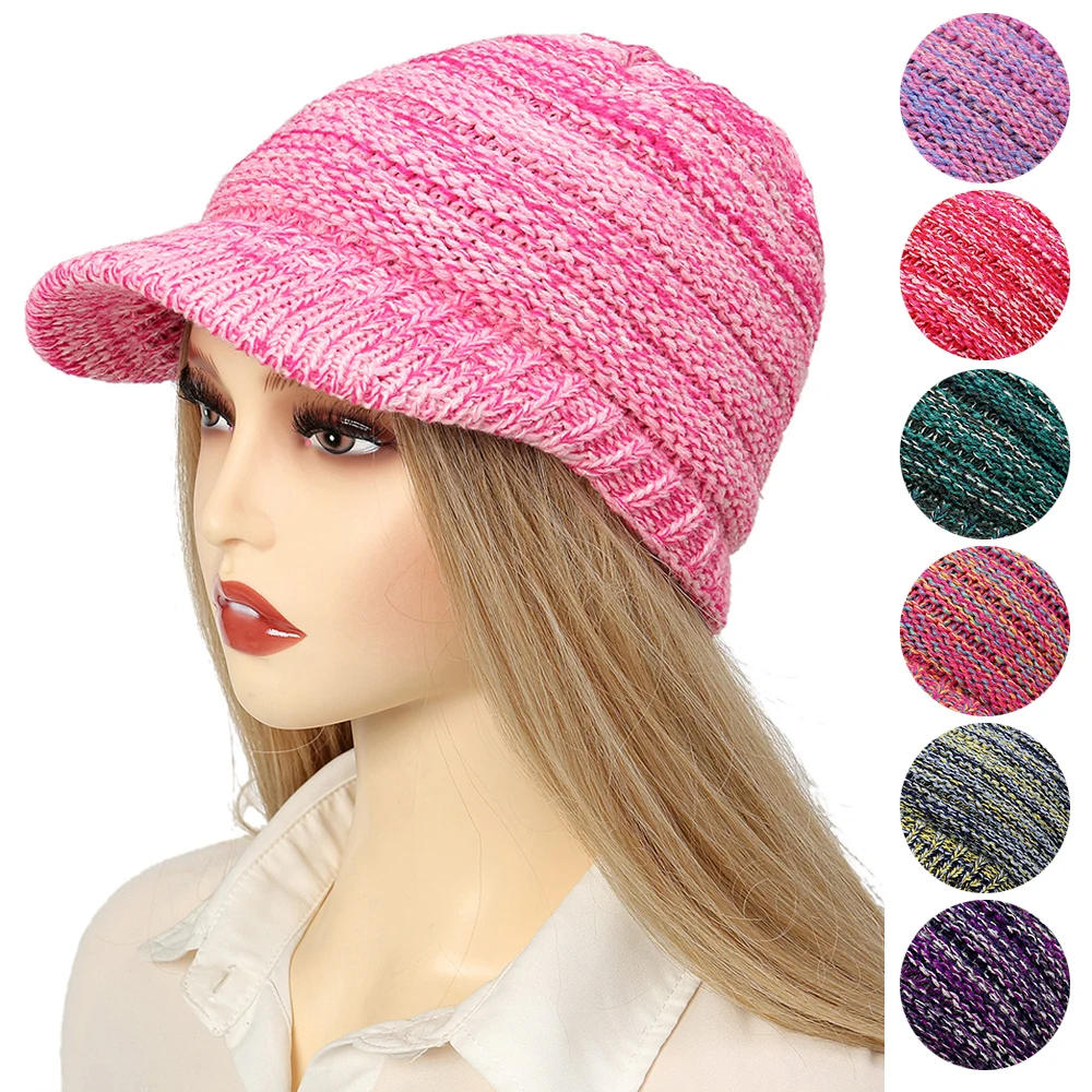 

Keep Warm Women Caps Autumn Winter Plush Hats Stitching Crochet Beanie Outdoor Knit Cap Brim Hat Casual Solid Baseball Cap