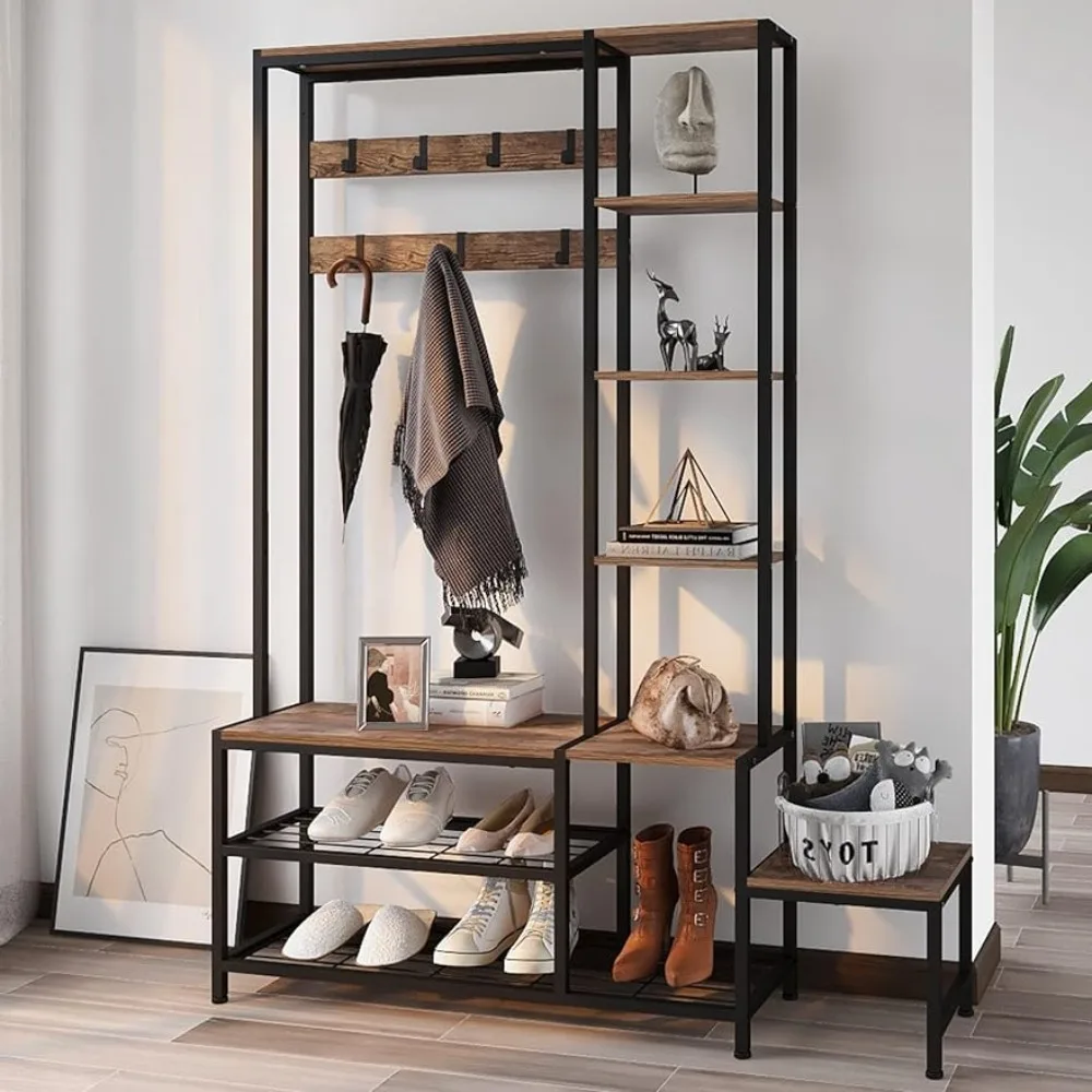 

Hall Tree with Shoe Storage Bench, Coat Rack with 7 Hooks,Interchangeable 4 Tier Side Storage Shelves,5-in-1 Entryway Coat Rack