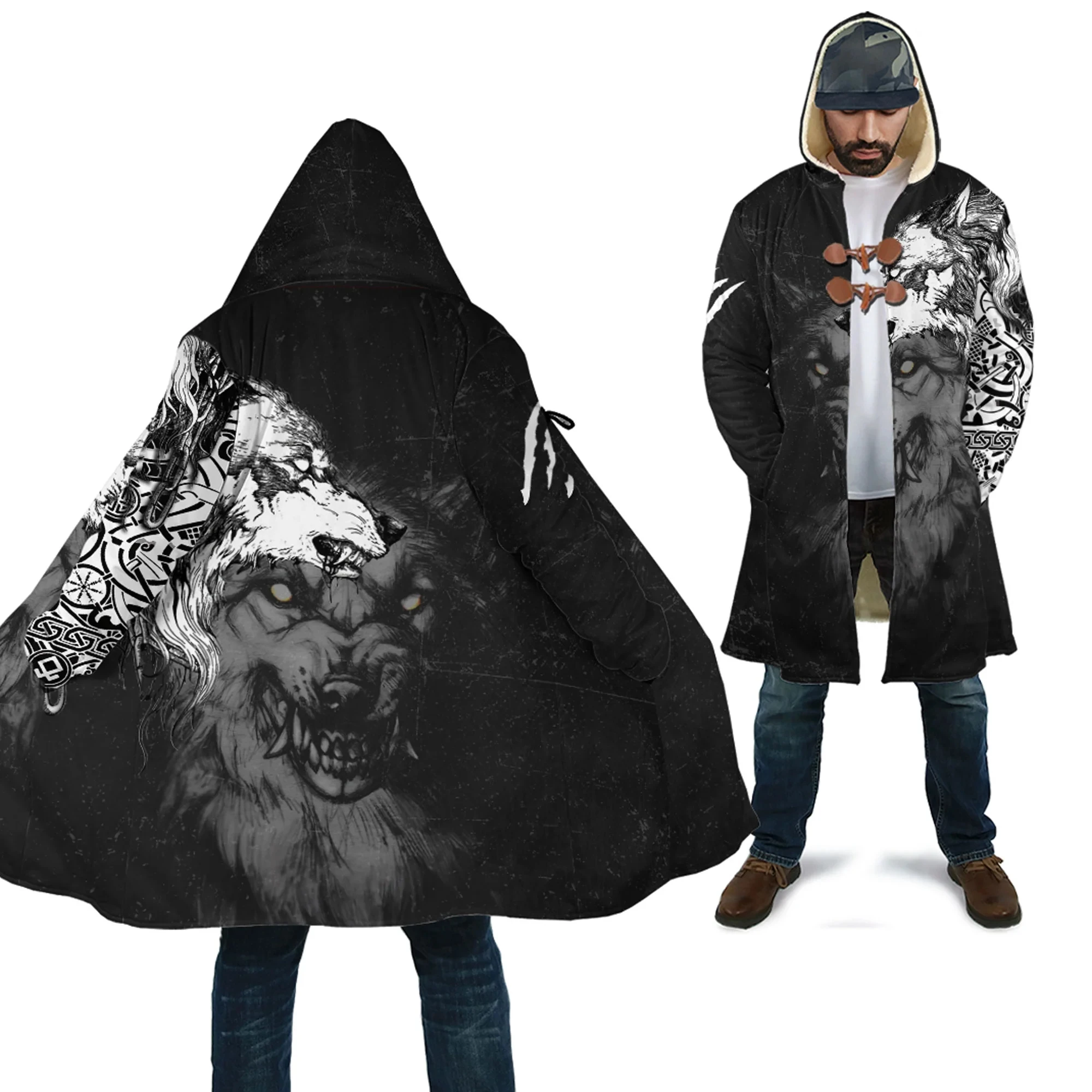 Wolf Fenrir Angry Tattoo 3D All Over Printed Men's Fleece Hooded Cloak Winter Unisex Casual Thick Warm Cloak Coats PF123