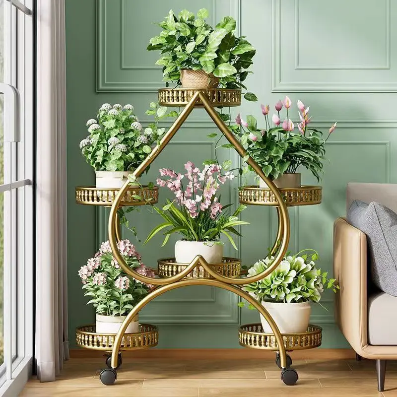 Heart-Shaped Iron Multi-Tier Plant Stand with Wheels Living Room Flower Stand Indoor Decorative Green Plant Shelf Heavy Loading