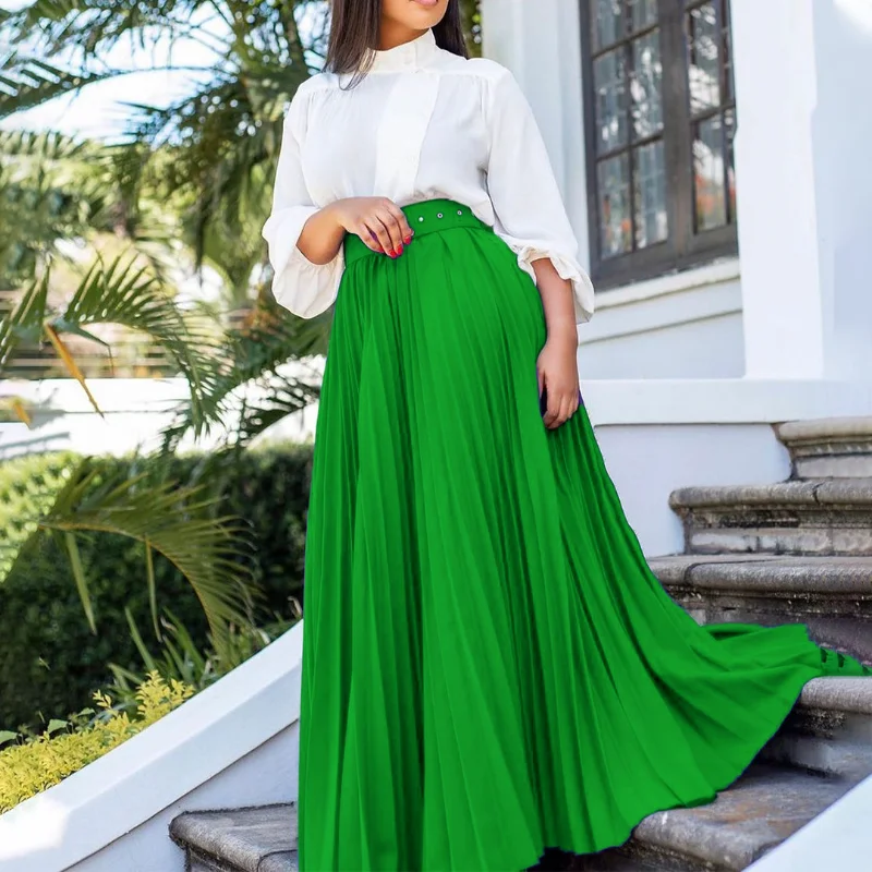 

Spring Summer Women High Waist A-line Pleated Solid Maxi Skirts