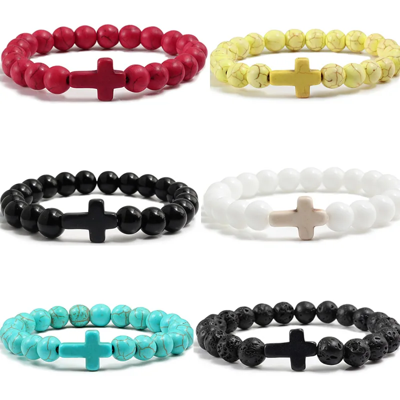 Moda Gesù Croce Bracciali In Pietra Naturale Charm Blue Pine Stone Black Lava Matte Beaded Bracciali Braccialetti Donna Yoga Jewelry
