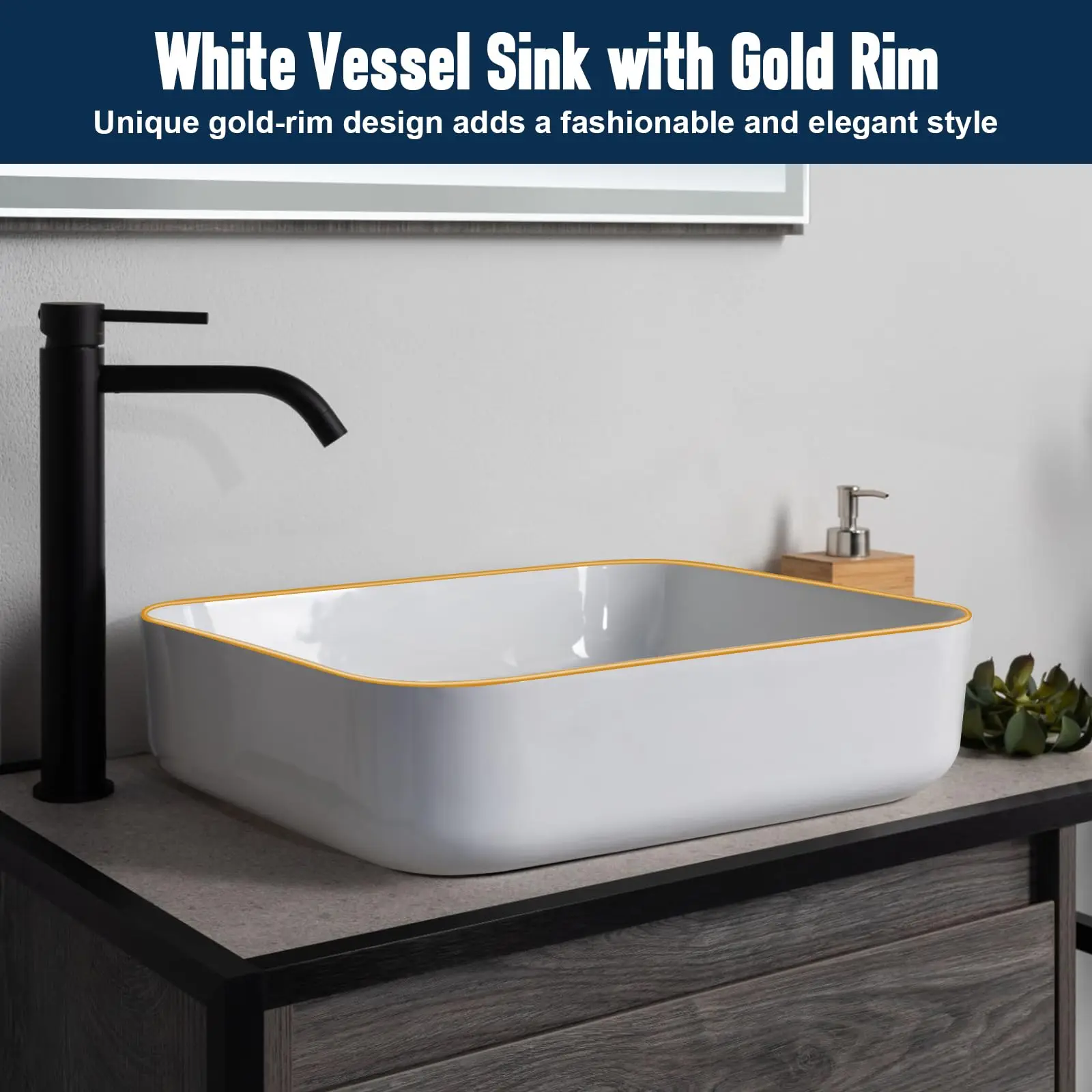 Ceramic Bathroom Sink Rectangular 20 X 16 Inch White Elegant Modern Style Gold Rim Vessel Sink Above Counter, Without Faucet 2