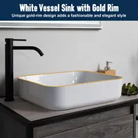 Ceramic Bathroom Sink Rectangular 20 X 16 Inch White Elegant Modern Style Gold Rim Vessel Sink Above Counter, Without Faucet 2