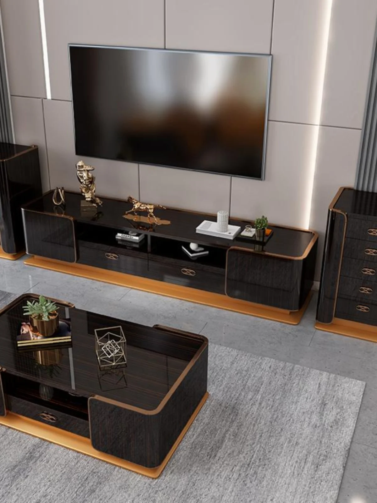 High-end light luxury furniture TV cabinet coffee table postmodern ebony grain paint living room luxury chest of drawers home
