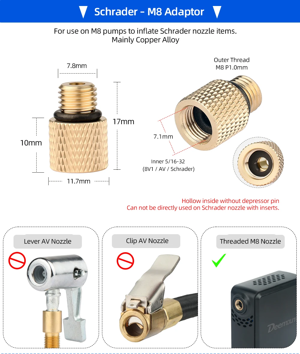 Deemount Multi-Typ Aufpumpadapter FV/AV Fahrrad Presta zu Schrader Dunlop Ventil Elektrische Luftpumpe Nadelpumpe – Detail 9