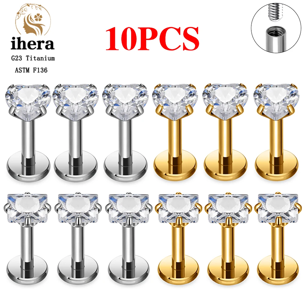 10PCS G23 티타늄 피어싱 Labret 립 링 하트 스터드 귀걸이 CZ 16G ..