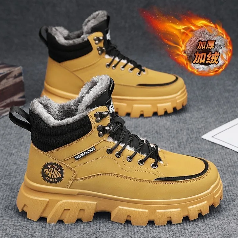 thumbnail image 1 of Botas de nieve cálidas para hombre, botas de algodón para exteriores, caña alta, además de zapatos para caminar de terciopelo, plataforma con cordones, botines para motocicleta, 2025, 1 of 5