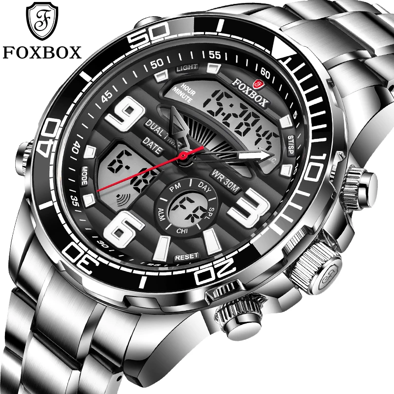 FOXBOX Men's Watches Top Brand Luxury Sport Military Wristwatches Chronograph Luminous Steel Strap  Date Quartz Watch Male Clock