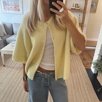 Maemukilabe Vintage Button Up Short Sleeve Cardigans Preppy Aesthetic Y2K Knitted Sweater T-shirt Women Loose Fit Knitwear Tops - Image 2