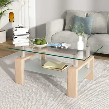 Rectangle Glass Coffee Table 2-Tier Tea Table Modern Side Coffee Table for Living Room 3