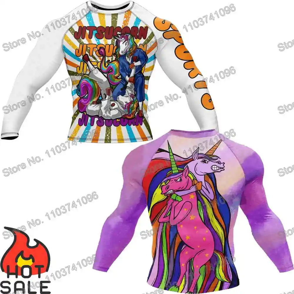 Unicorn Diving T-Shirt Tight Long Sleeve Rash Guard BJJ MMA Swimwear Men Surf Clothing Beach Floatsuit Women GYM Tops Sportswear