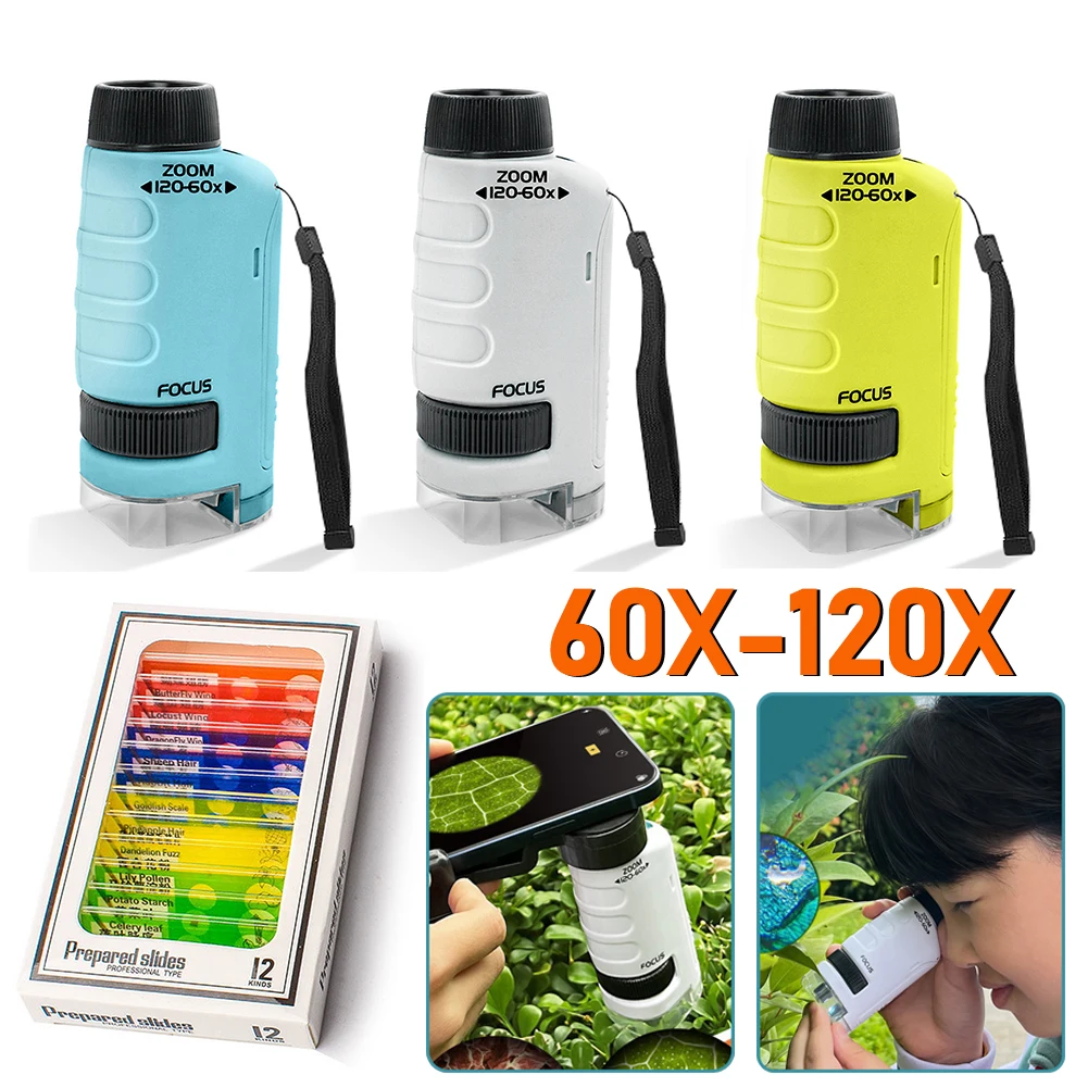 Handheld Microscope Mini Pocket Microscope Kit 60-120x Lab Zoom Wheel Adjustable with LED for Kids Educational handheld microscope mini microscope pocket microscope