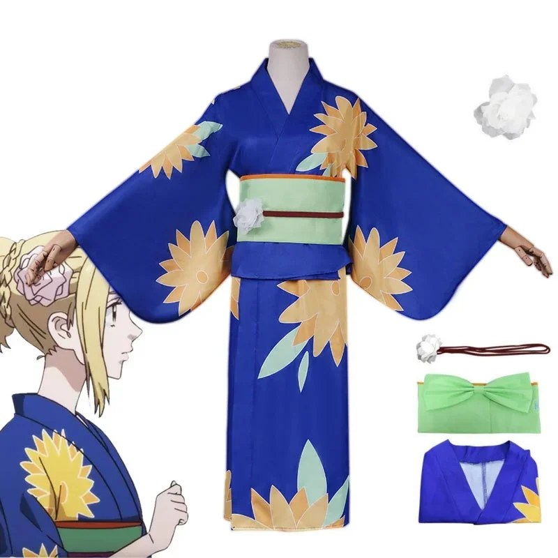 

Anime Tokyo Revengers Emma Kawaii Cosplay Costume Women Blue Kimono Japanese Uniform Belt Headdress Girl Halloween Party Outfit