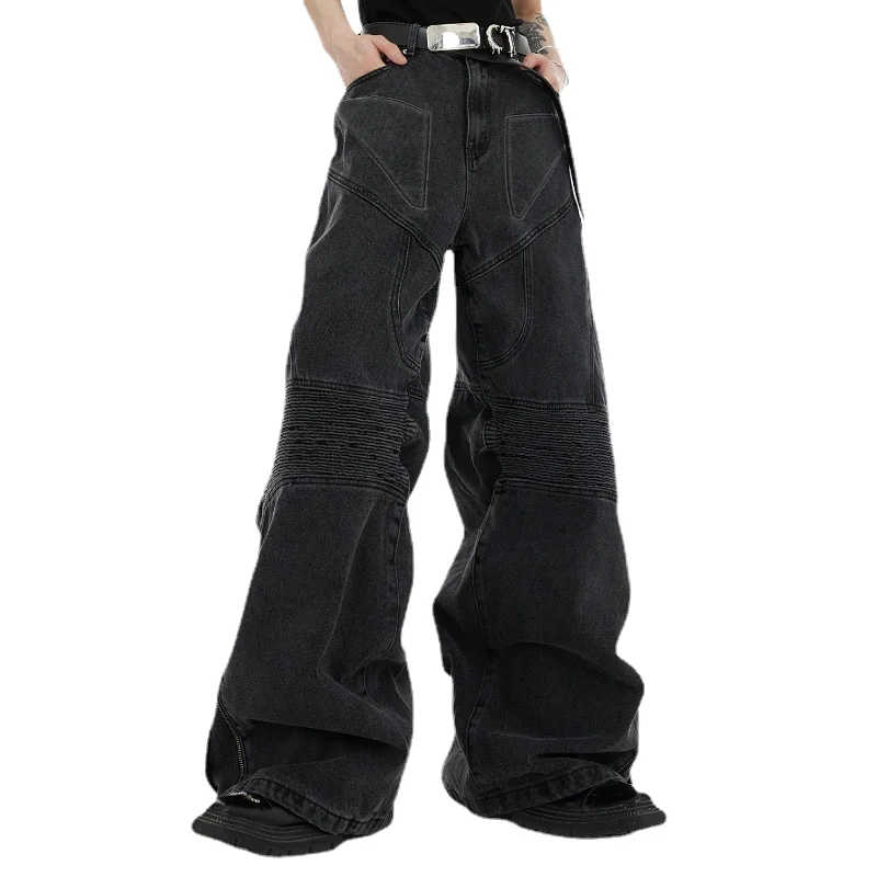 Wasteland Style Women Techwear Vintage Washed Pleated Jeans Metal Zipper Loose Wide-Leg Draping Mop Pants for Men