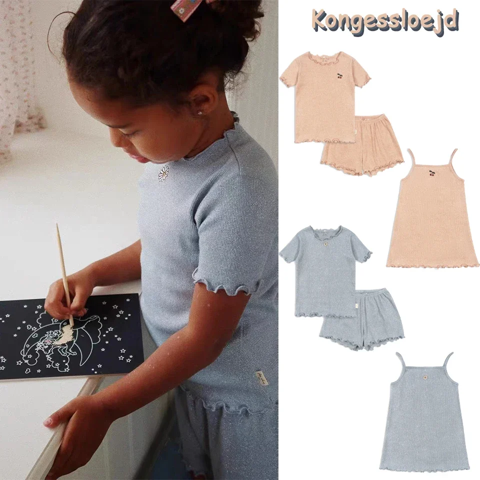 

KS Brand Girls Floral Embroidery Dress 2024 Summer Baby Cute Glitter T-Shirt Shorts Children Tee T Shirt Suit Kids Clothes Set