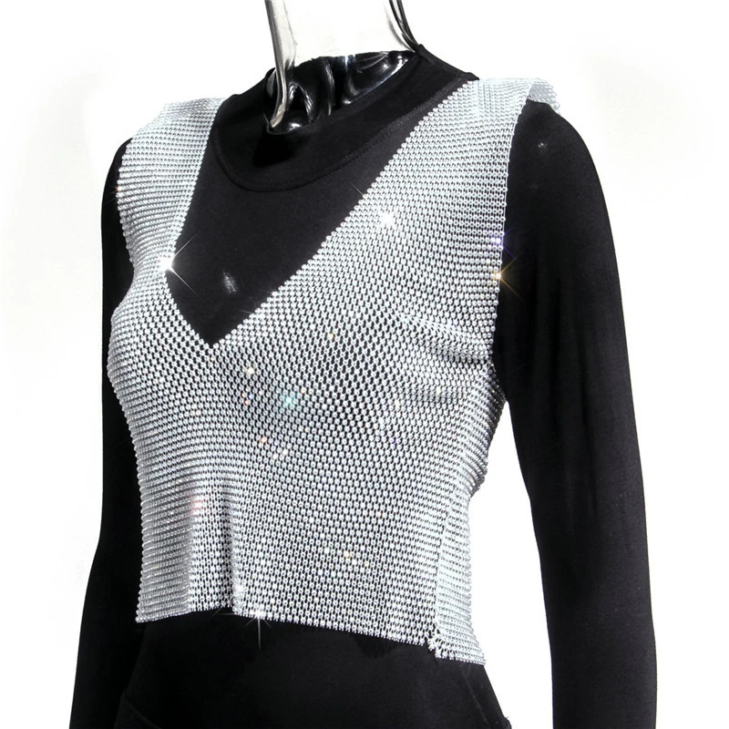 Bling Strass Party Crop Top 2021 Fashion Solid Schwarz Weiß Voller Diamanten Pailletten Cropped Top für Frauen Party Crop Tops – Detail 9
