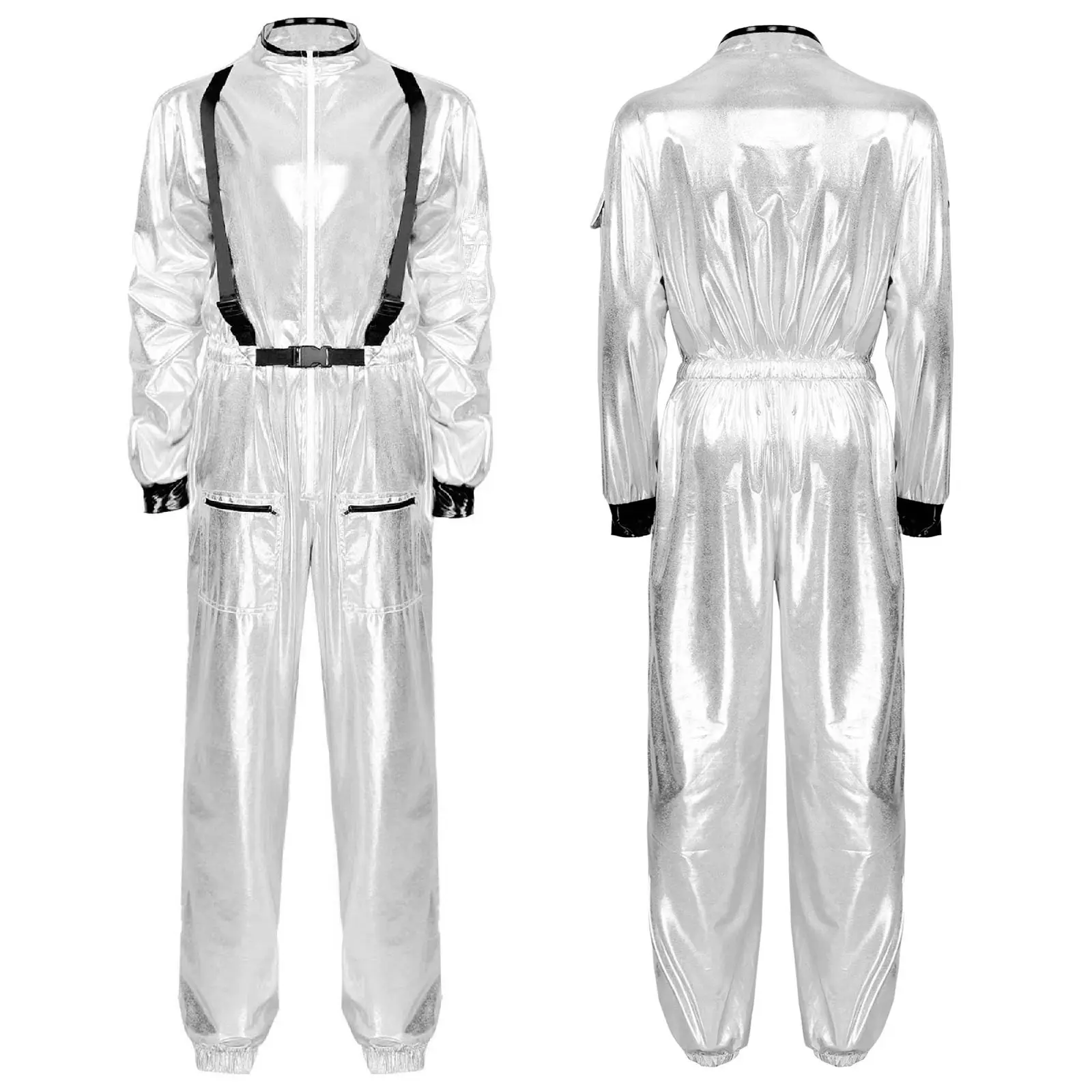 

Mens Astronaut Role Play Outfit Metallic Shiny Bodysuit Halloween Costume Mock Neck Long Sleeve Jumpsuits Zipper Leotard