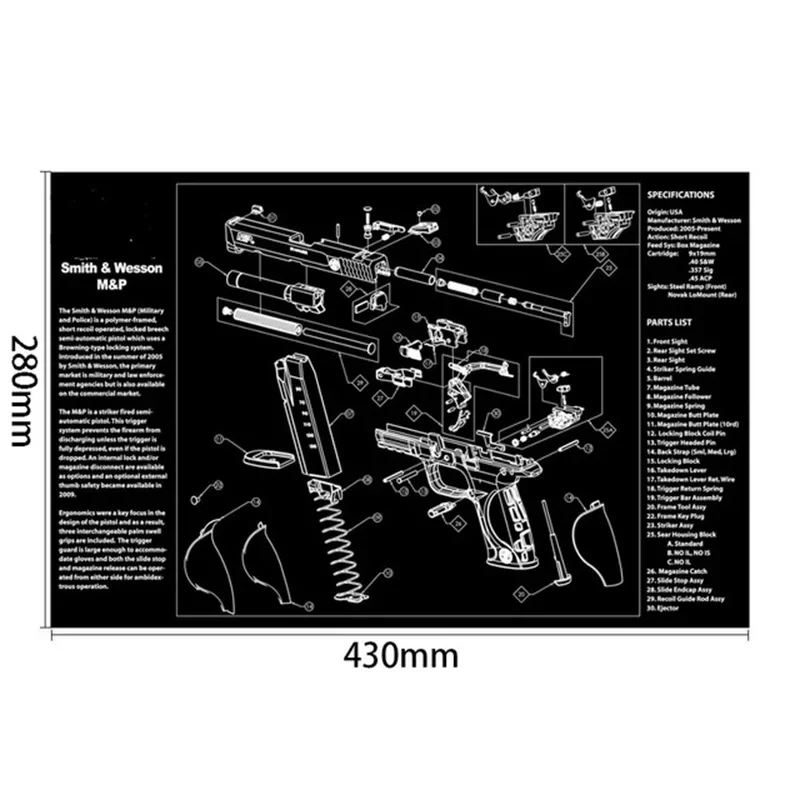 280x430mm Gun Cleaning Rubber Mat With Parts Diagram Instructions Mouse Pad For 1911 Glock HK USP M92 P220 226 6