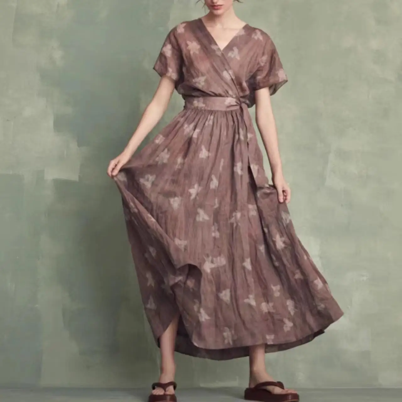 

Dress For Ladies 2024 New Summer Spring Ramie Printing and Dyeing V-neck Slim Waist Vintage Long Robes