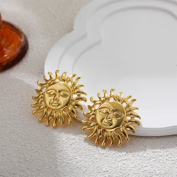Vintage Waterproof Stainless Steel Sun Face Celestial Symbol Earrings for Women Glossy 18K Gold Plated Statement Jewelry Gifts