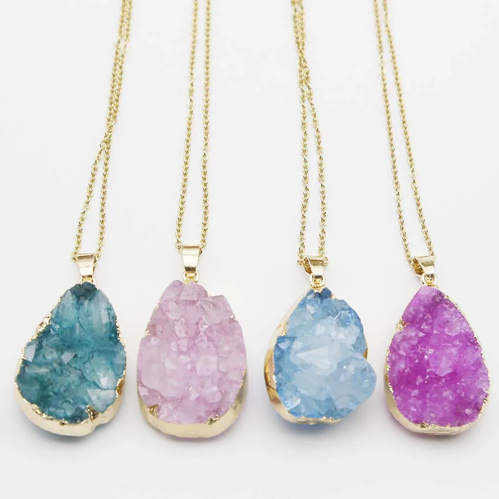 Natural Raw ore Stone Water Drop Agate Crystal Gold Edged Pendant Stainless Steel Chain Necklace Exquisite Jewelry Accessory4Pcs