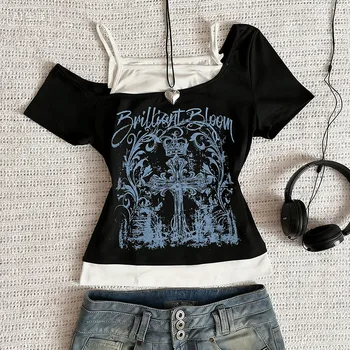 Woman T-Shirt Black Y2k Tops Print Anime Graphic Tees Harajuku Sexy Women Kawaii Emo Grunge Hot Spice Girls Goth Kpop 2000s Cute 1