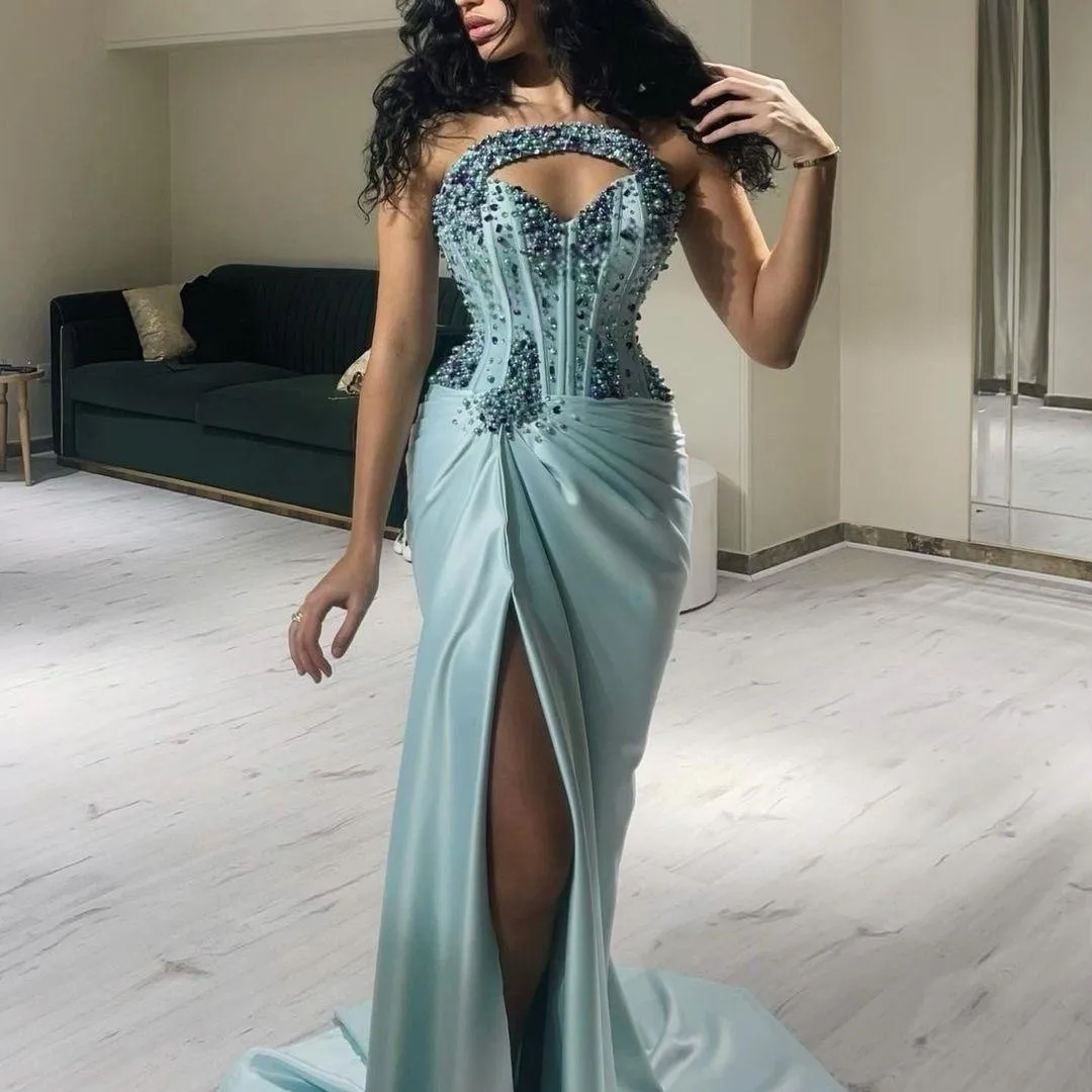 

Meetlove Sweetheart Prom Dresses High Fork Sleeveless Sequins Wrinkle Floor-Length Wedding Luxury Women Evening Zipper Up 2023