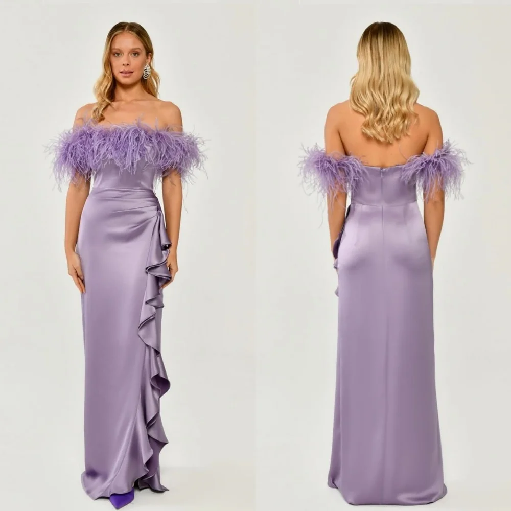 

Satin Feathers Pleat Ruched Christmas A-line Off-the-shoulder Bespoke Occasion Gown Long Dresses