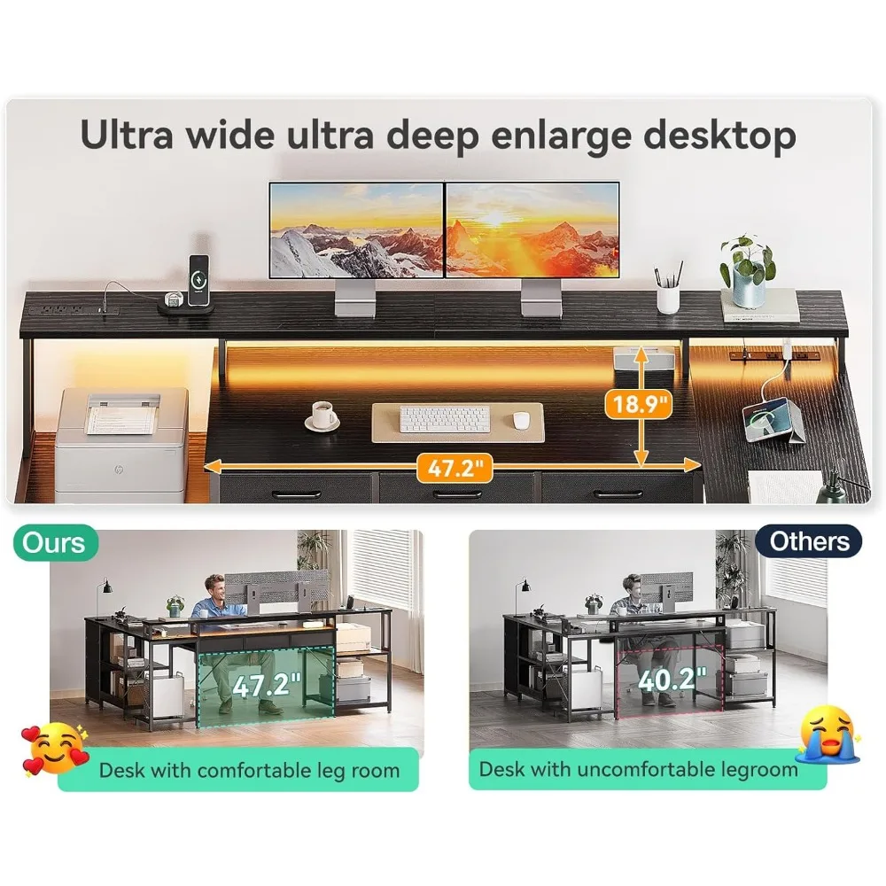 79" L Shaped Desk with 7 File Drawers, 2 Power Outlets & Monitor Shelf, Storage Shelves, LED Light, Black, Computer Desk 6