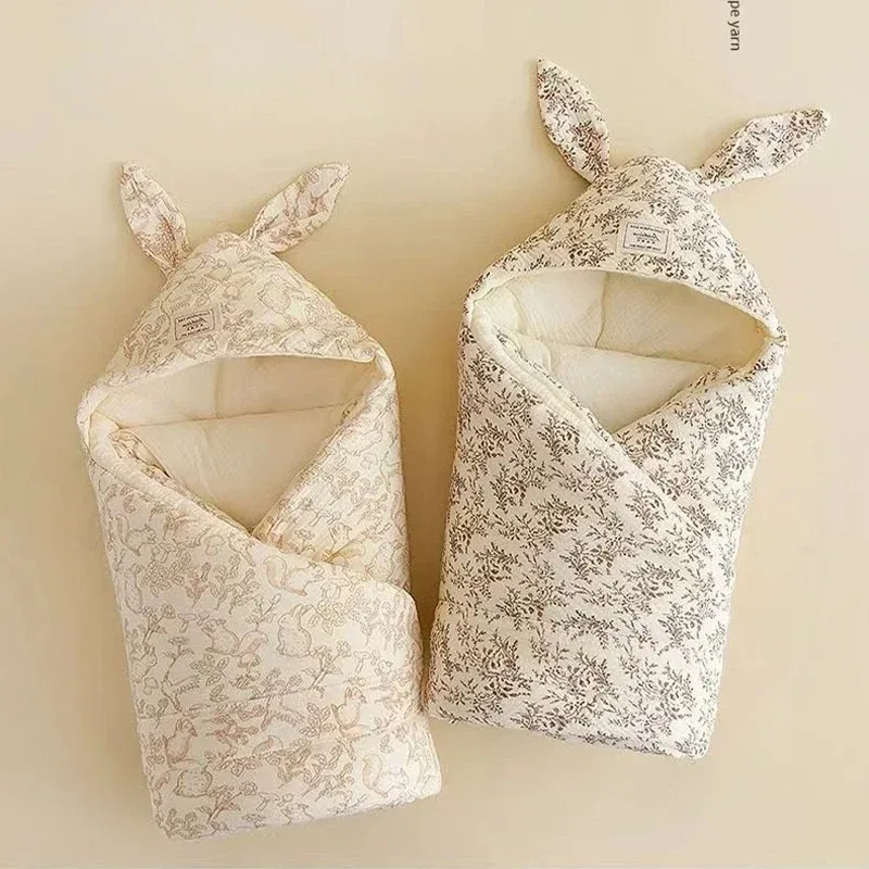 Newborn Cute Rabbit Ears White Cotton Swaddle Blanket Soft Kawaii Delivery Baby Wrap Swaddling Thermal Portable Baby Bedding