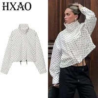 HXAO Women's Jackets Polka Dot Crop Coat Autumn Aviator Plus Size Zip Up Bomber Jacket Outerwear Chic Oversized Long Sleeve Coat