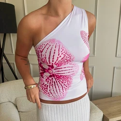 CUTENOVA Floral Print Fitted Tops Women Resort Wear Graphic Tees Summer 2024 Casual One Shoulder Slash Backless Tank Top