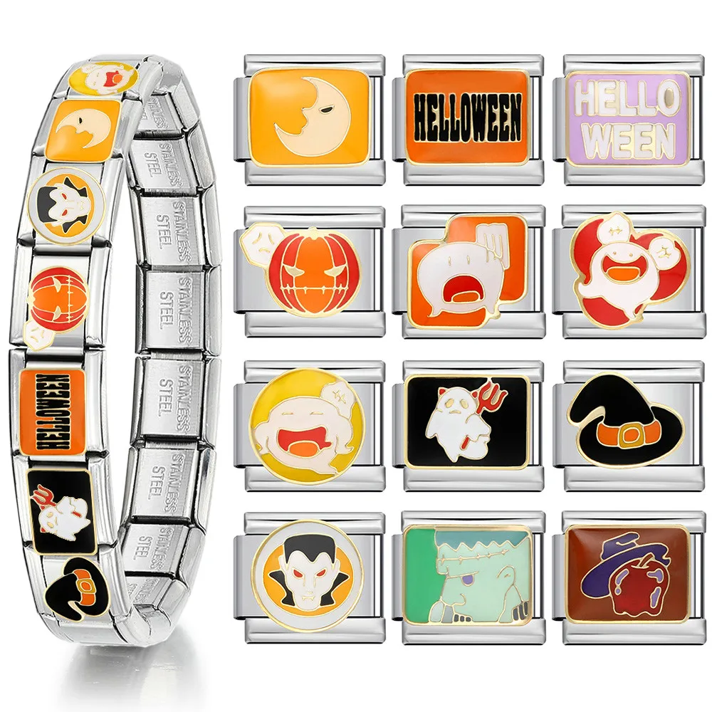Y2K Italienisches Charm-Armband Edelstahl Gothic Halloween Jack o 'Lantern Vampire Ghost Wizard DIY Herstellung von Schmuckzubehör – Detail 1