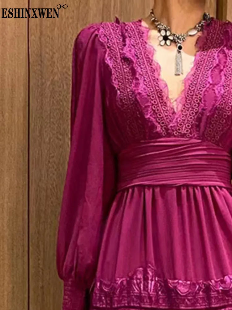 

Eshin Solid Color Luxury Pritning Loose Waist V Neck Party Dress For Women 2023 Autumn Fashion Female New Elegant Dresses TH5533