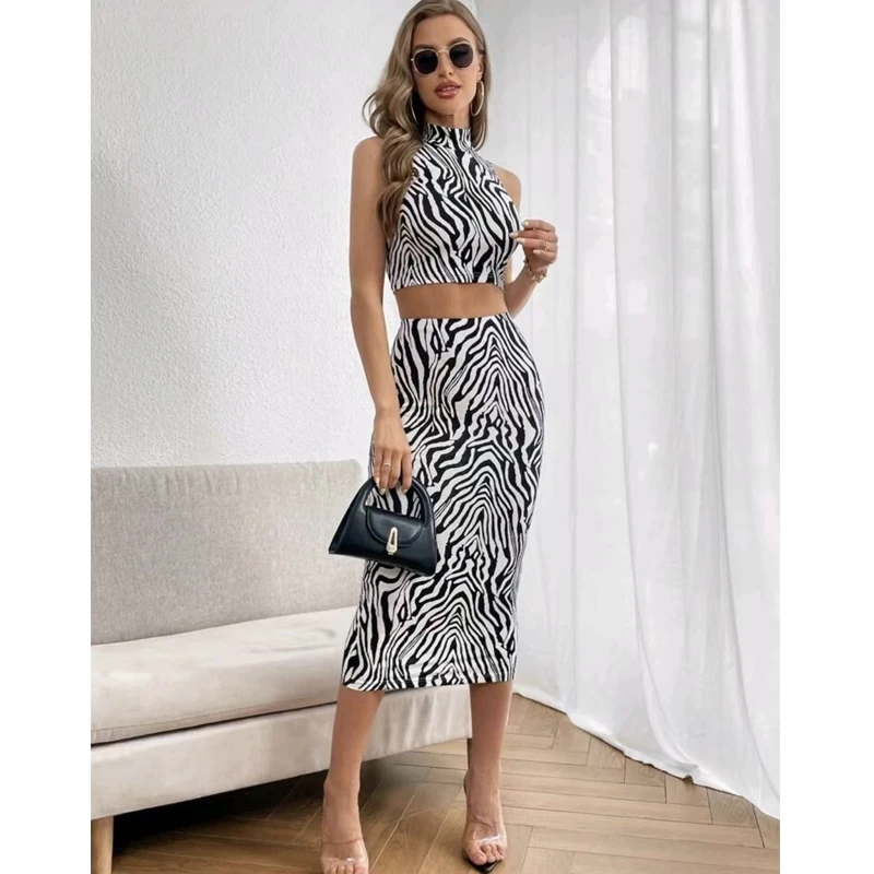 Fashion Zebra Pattern Long Skirts Sets Women New Summer Sexy Turtlenck Tank Tops High Waist Long Skirt Two-piece Suits