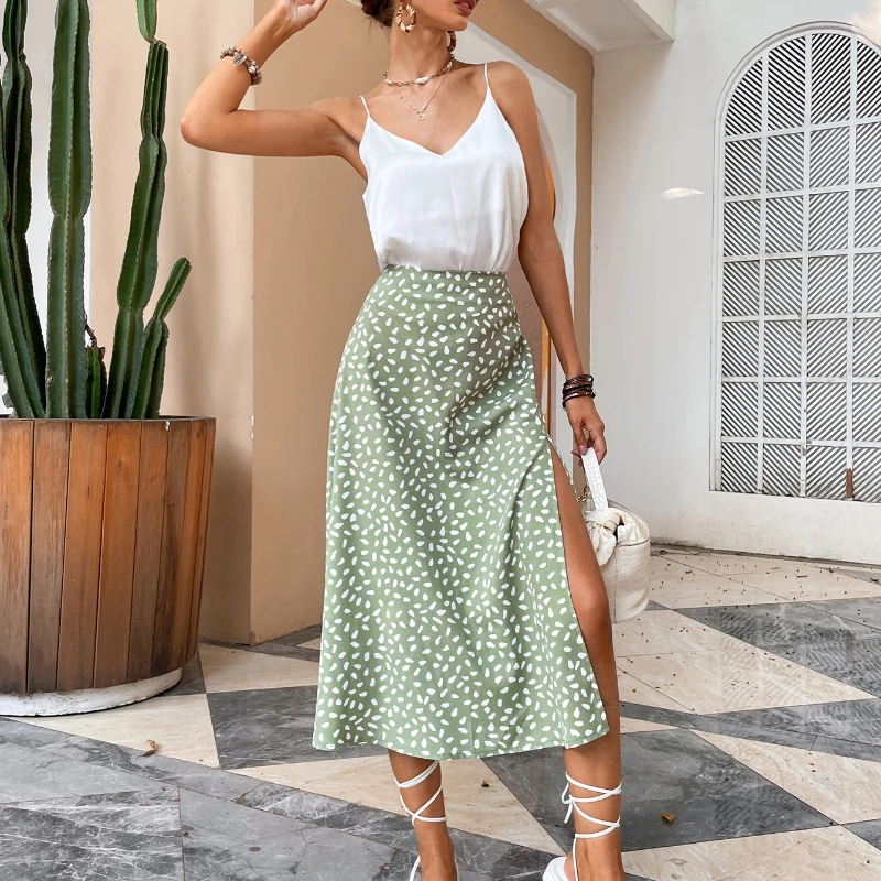 

Green Boho Split Thigh Allover Print Skirts for Women Elegant Slit Long Length High Waist with Zipper Slight Stretch Skirts