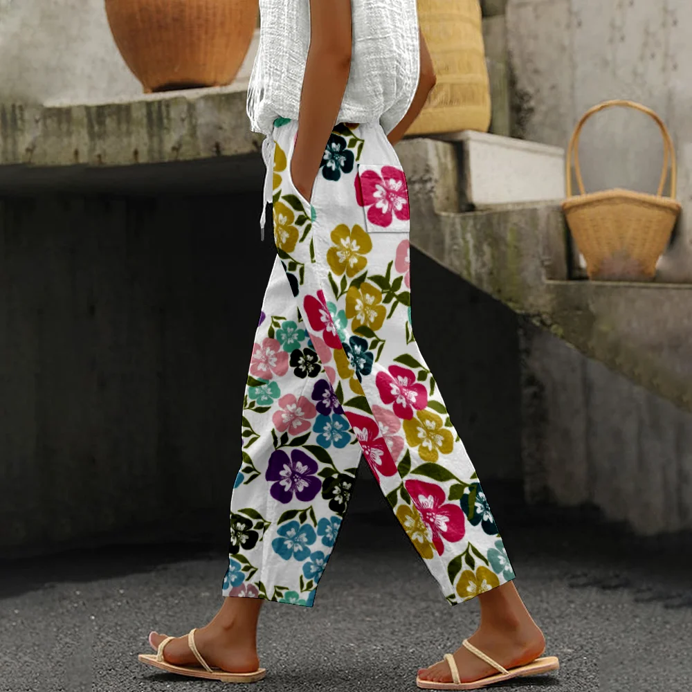 Summer Elegant Floral Print Pants Fashion Women Casual Elastic Waist Harem Pants Y2k Clothes Loose Office Trousers Streetwear