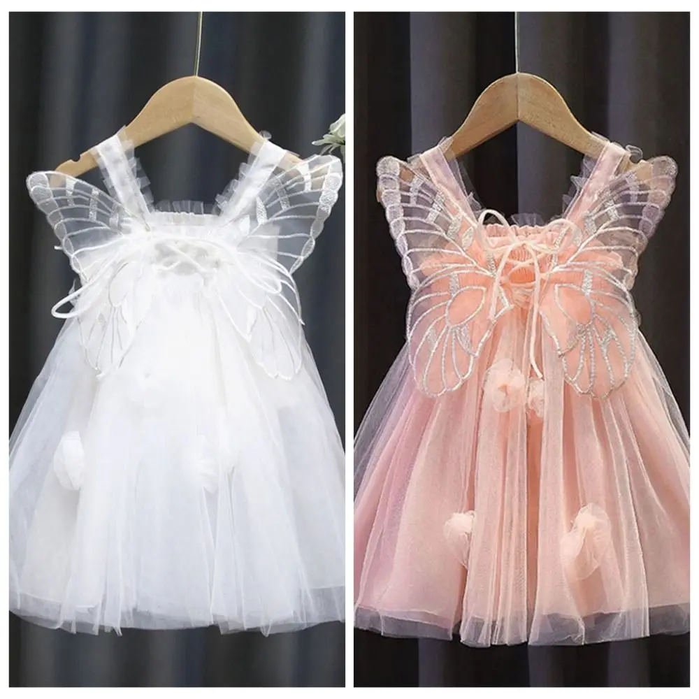 Fashion Lace-up Baby Girl Princess Dress Sleeveless Sweet Baby Girl Bubble Dress Casual Lace Butterfly Wing Pettiskirt Birthday